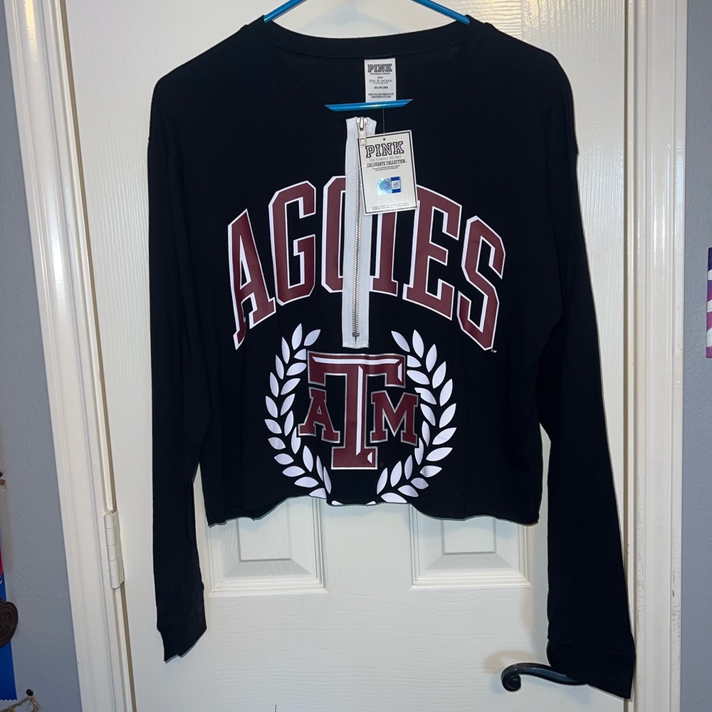 VS Pink Texas A&M long sleeve crop top with half zip NWT